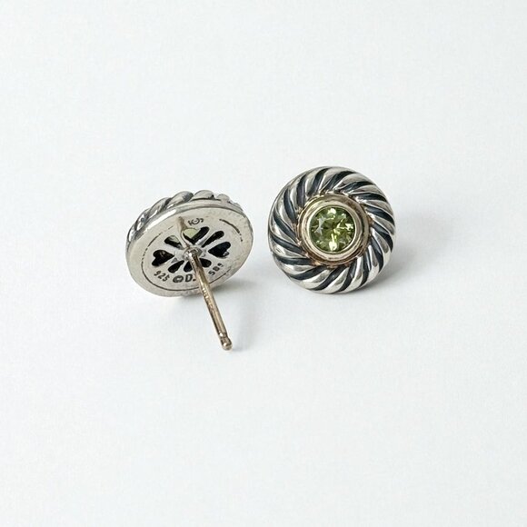 David Yurman Sterling Silver 14K Gold Green Peridot Cookie Cable Stud Earrings - Picture 5 of 6